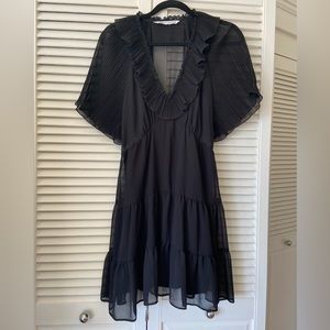 NWOT Zara Black Layered Mini V Neck Dress with Sheer Top Detail - Size XS